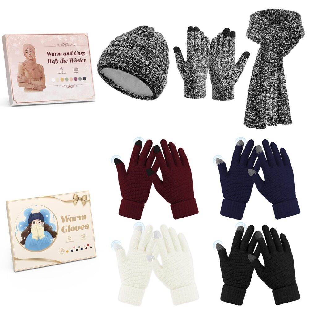 7383 4 Pairs Winter Gloves and 3 Pcs Winter Clothes Set with Beanie Hat